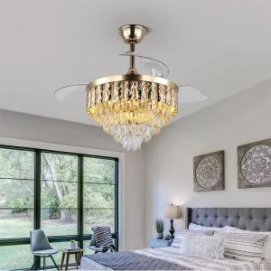 5-Speed Ceiling Fan for Bedroom Living Room Modern Invisible Remote Control DC Motor Crystal Contemporary LED Lighting