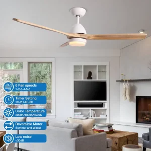 52 Inch Bedroom Easy Installation Smart Control 3 Solid Wood Blades 6 Speeds Adjustable Led Ceiling Fan with Light