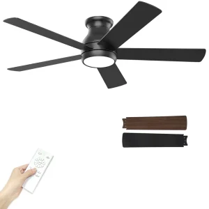 52 Inch Black Ceiling Fan and Remote Dimmable LED 6 Speeds DC Motor Low Profile Ceiling Fan with Light