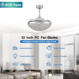 52 Inch Commercial Grade Silver Crystal Ceiling Fan for Hotel and Restaurant