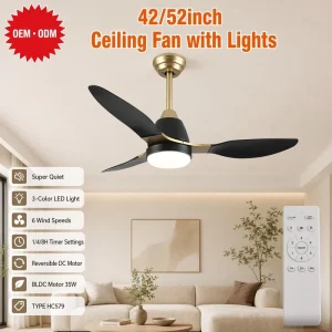 52 Inch DC Motor Ceiling Fan with Light Remote Control Dimmable LED Living Room OEM