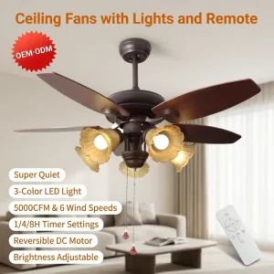 52 Inch DC Motor LED Ceiling Fan with Light Remote Control Dimmable 3 CCT 5 Blades for Living Room Bedroom OEM CE