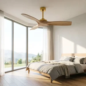 52 Inch Gold Housing Ceiling Fan No Light Natural Wood Blade Nordic Style for Bedroom Hotel Project