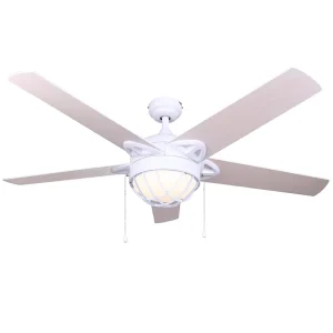 52 Inch Modern Air Cooling Fan Home Decorative White LED Ceiling Fan With 5 Plywood Blades