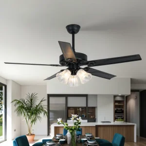 52 Inch Modern Iron Blade Ceiling Fan Light with LED Remote Control for Home & Commercial Use