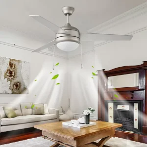 52 Inch Silver Electric Ceiling Fan 3 Wooden Blades AC Motor Low Noise Air Cooling LED Light Mechanical Control Energy Household