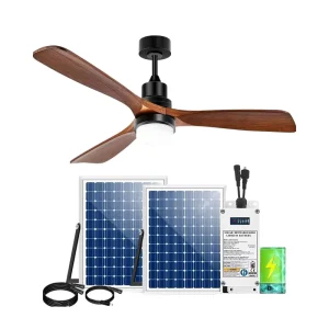 52 Inch Solar Ceiling Fan with 2x 18V 30W Solar Panels, 3 Speeds, Outdoor Light, Battery, Quiet, Plastic, Adjustable for Gazebo Patios