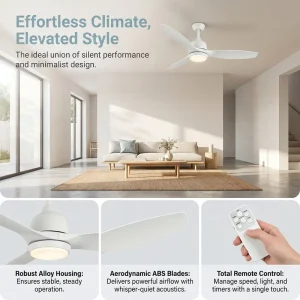 52 Inch White Ceiling Fan Lighting Ceiling Fan ABS Blade Waterproof Fan with Remote Control Indoor Home Hotel