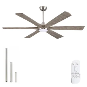 60 Inch Solid Wood 6 Blades Large Modern LED Ceiling Fan Light with Remote Control DC Motor for Outdoor Use