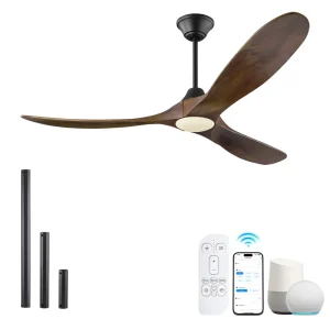 60″ Solid Wood 3-Blade Copper Motor Energy Saving Remote App-Controlled Quiet BLDC Smart Ceiling Fan