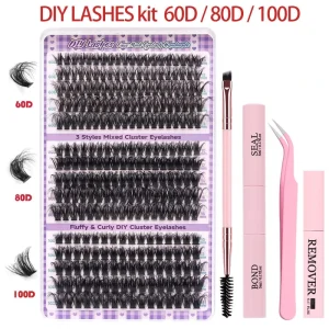 60D 80D 100D Thick Cluster Lashes Reusable Waterproof High Density DIY Segment Eyelash Extensions Set Black Cotton Stalk 15 Rows