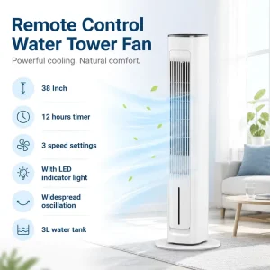 60W 3 Speed Settings Water Tower Fan Electric Tower Cooling Standing Pedestal Fan with LED Indicator Light