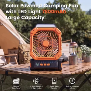 7800mAh Solar Powered Charging Portable Camping Fan Outdoor Lightweight Rechargeable Camping Fan with LED Light