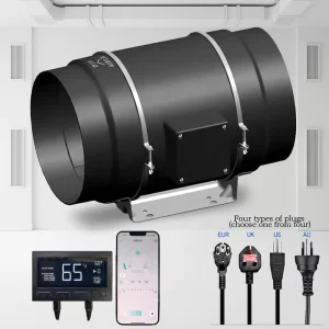 8″ 70W AC 100 240V Electric Duct Fan App WiFi Smart Controller Ball Bearing Low Noise Energy Saving Grow