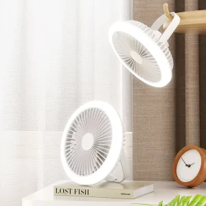 8 Inch Rechargeable Portable Fan with LED Light Remote Control 3 Speeds Table & Ceiling Dual Use 2400mAh Camping Fan