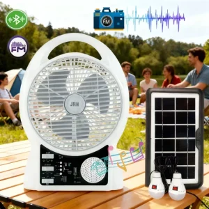 8 Inch Solar Powered AC DC Camping Fan with Rechargeable Battery Portable Outdoor Desk Fan Featuring LED Light & FM Radio