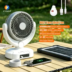8 Inch Solar Rechargeable 25W Table Fan with Auto Oscillation LED Light USB Output Type C Charging Portable