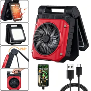 8000mAh Rechargeable Battery Powered Camping Fan 4 Speeds 8 Lighting Adjustable LED Display Dual Solar Panels Solar Fan with LED