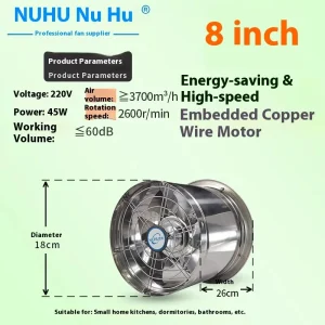8inch Embedded Axial Flow Fan 220V High power Ducted Ventilation and Exhaust Fan Kitchen and Industrial Ventilation Fan