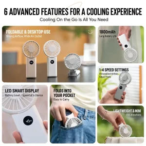 95g Lightweight Foldable Hand Fan USB Rechargeable Smart LED Digital Screen 100 Levels Wind Speed Portable Hand Desk Cooling Fan