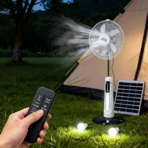 AC/DC 9V Solar-Powered 16 Inch Rechargeable Floor-Standing Fan, Remote Control, Adjustable Height, Outdoor Use