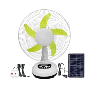 AC DC Solar Table Fan Rechargeable 12 Inch Desk Fan With LED Light Bulbs Battery Solar Panel 2 Speeds Timer OF12 for Kitchen