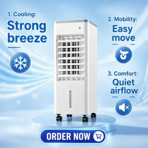 AC Powered Portable Mini Floor standing Air Cooler with Dual Water Tanks Remote Control air Conditioner for Household & Office