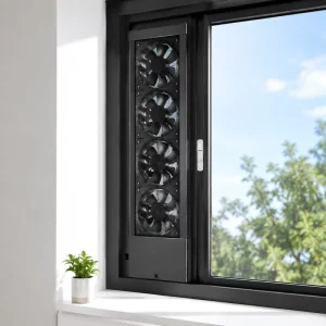 AMCHIXIN 37.4 41.3 Inch Vertical Window Fan Slim Vent Design Adjustable Speed Quiet DC Powered Exhaust Fan for Bedrooms