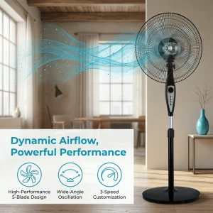 Adjustable Height 16 Inch Plastic Manual Control Standing Floor Fan Class a Energy Efficiency for Home Outdoor Use
