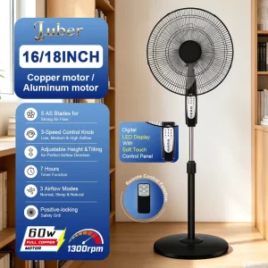 Adjustable Height Household Floor Fan AC Motor 3 Speed Remote Control Oscillating Air Hotel Fan