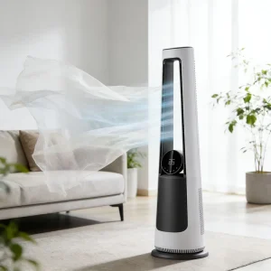 Ambient Lighting Pedestal Air Cooling Bladess Fan Heater with Leafless Design Humidification Function Smart Floor Standing Fan