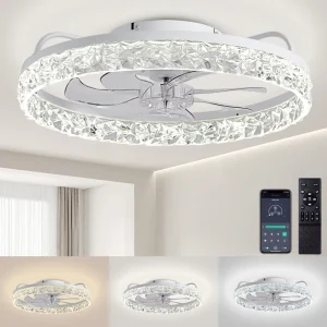 App Control Led Ceiling Fans with Remote Dimmable DC Motor White Crystal Fan 20″ Modern Low Profile Flush Mount LED Ceiling Fan