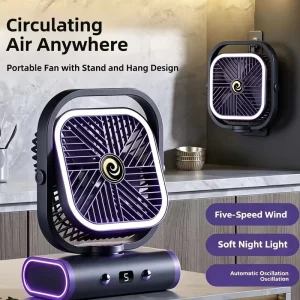 BLDC Silent Motor USB 5-Speed Auto Oscillating Wall-Mountable Night Light Desk Fan for Home Dorm Office