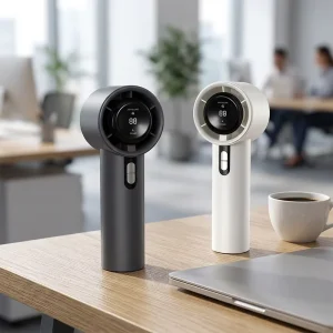 BOOMING Travel Essential Mini Cooling Fan 3 Adjustable Wind Gears Body USB Charging Touch Controlled LCD Screen Handheld Design