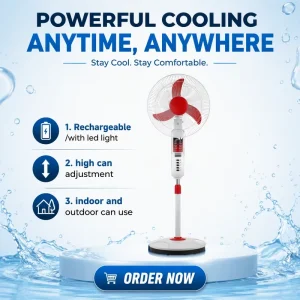 Battery Fan Solar Energy Stand up Fan 16 Inch with Battery Rechargeable Stand Fan with Led Light Charger Stand Fan