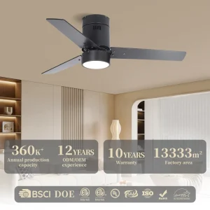 Black Decorative 3 Blades 44 Inch Quiet Operation Ceiling Fan With Light