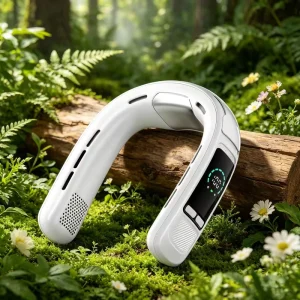 Bladeless Neck Fan Semiconductor Ice Cooling Digital Display Ring Air Outlet Hands Free Rechargeable Portable Mini Silent Fan