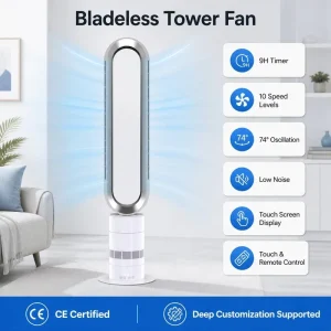 Bladeless Tower Fan 35W Oscillation 10Speeds Timer Remote Overheat Safety for EU Home