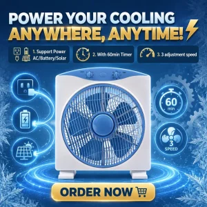 Box Fan 12-Inch Plastic Table Fan Digital Solar Powered DC Box Fan Air Cooling for Outdoor Use Featuring Timer AC/DC Box Fan