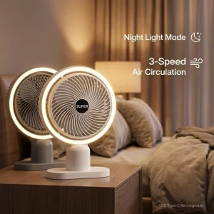 Brushless Motor Desktop Air Circulation Fan with Stepless Dimmable LED Night Light, 3-Speed USB Type-C Rechargeable