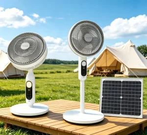 CE Certified 14 Inch Solar Standing Fan 30W 5-Speed Brushless Motor Rechargeable Floor Table Dual-Use Outdoor Off-Grid
