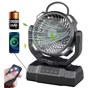 Camping Fan 10000mAh Battery Rechargeable Wearable Portable Tent LED Light Bank USB 4 Speed Low Noise 270 Rotation Outdoor Car