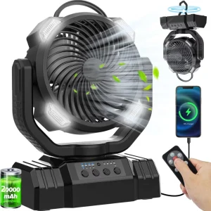 Camping Fan with 10000mAh Battery Electric Car Compatible Brushless Motor Quiet LED Light 270 Rotating Table Fan USB Charging