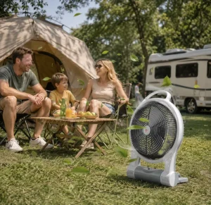 Camping Outdoor High Quality AC DC Copper Motor Oscillating 12 Inch Two Speed RV Solar Fan Rechargeable Table Fan with Light