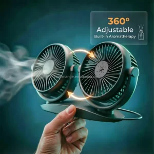 Car Fan 12V 24V Dual Head 180Degree Auto Oscillation 3 Speeds with 2 USB Chargers ABS Material 10W