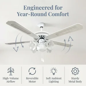 Ceiling Fan Light 4 MDF White Blades Traditional 3 Speeds Ceiling Fan Pull Chain Decorative Chandelier for Household