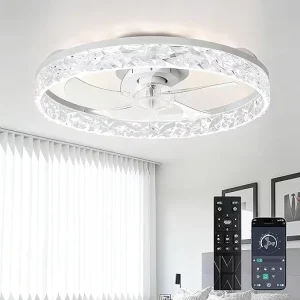 Ceiling Fans Lights Modern Low Profile Flush Mount LED Remote Control Metal White Crystal Bladeless Kitchen