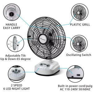 Changrong Factory Price 10 Inch AC DC Solar Portable Rechargeable Table Fan with Battery and Night Light