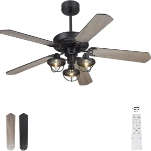Classic 2 Color LED Light Plywood Ceiling Fan with E12*3 Comfortable Bright for Indoor Outdoor Use Farmhouse Style