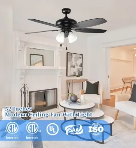 Classic 52 Inch Silent 5 Black Blades AC Motor LED Ceiling Fan with Light Household Use Bedroom & Living Room Decor